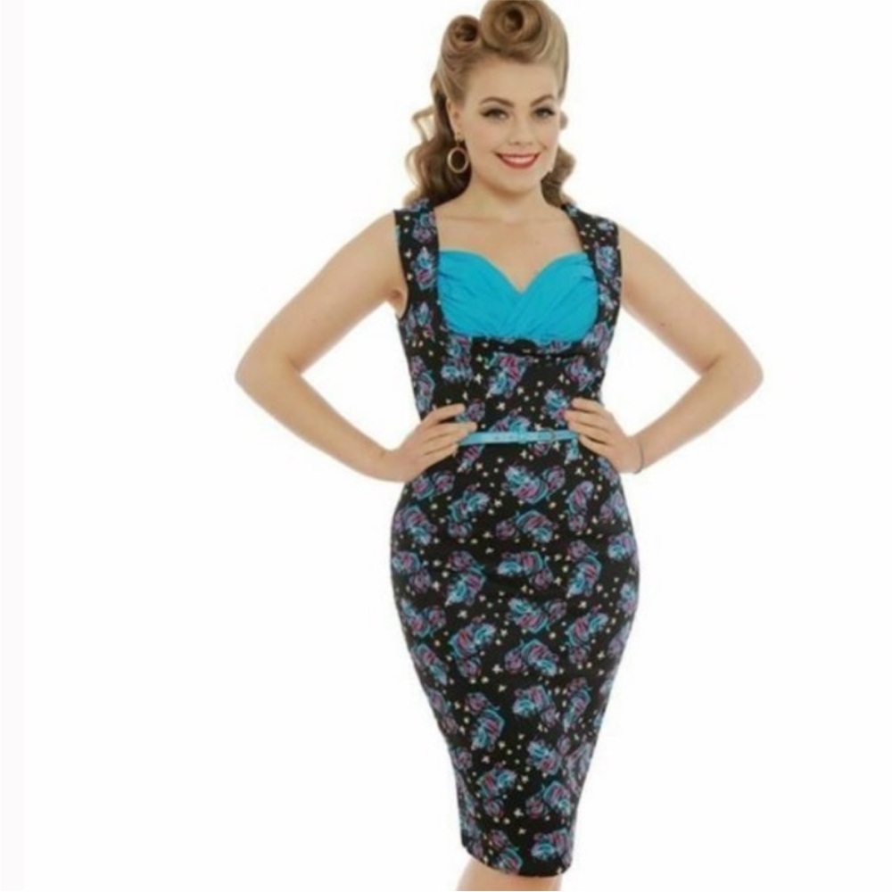 Lindy Bop Black and Blue Floral Midi Dress